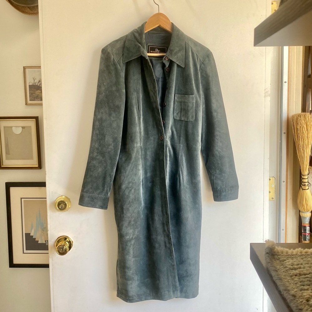 Vintage lightweight blue grayish suede long jacket